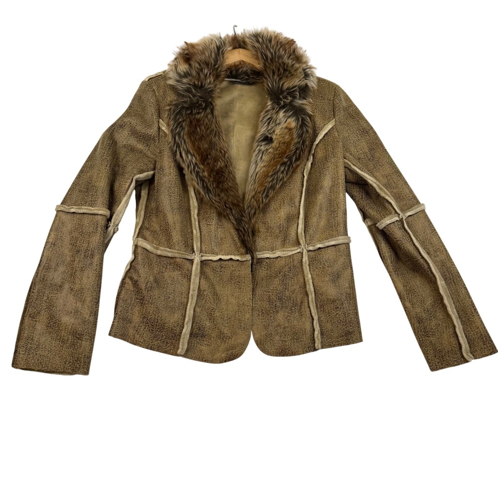 Allen B. by Allen Schwartz Faux Leather Shearling Jacket Brown Faux Fur Large